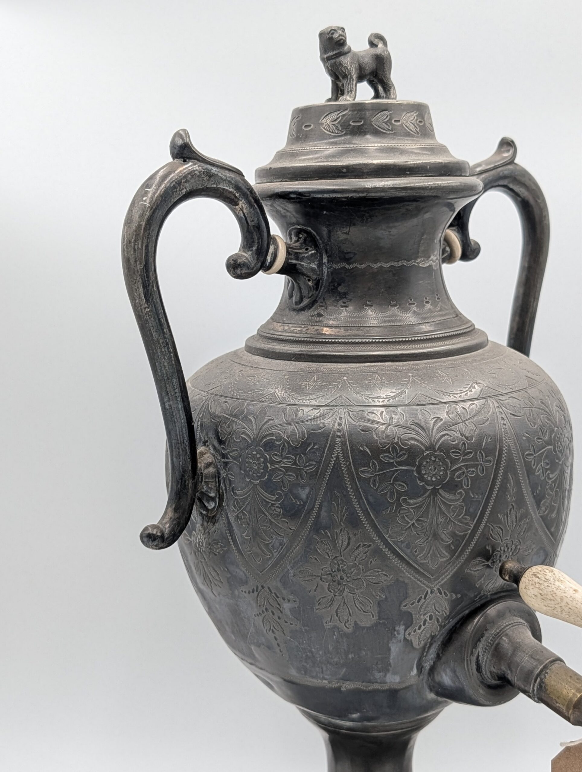 19th Century Engraved Pewter Samovar with Dog Finial & Bone Handle Tap - Image 3