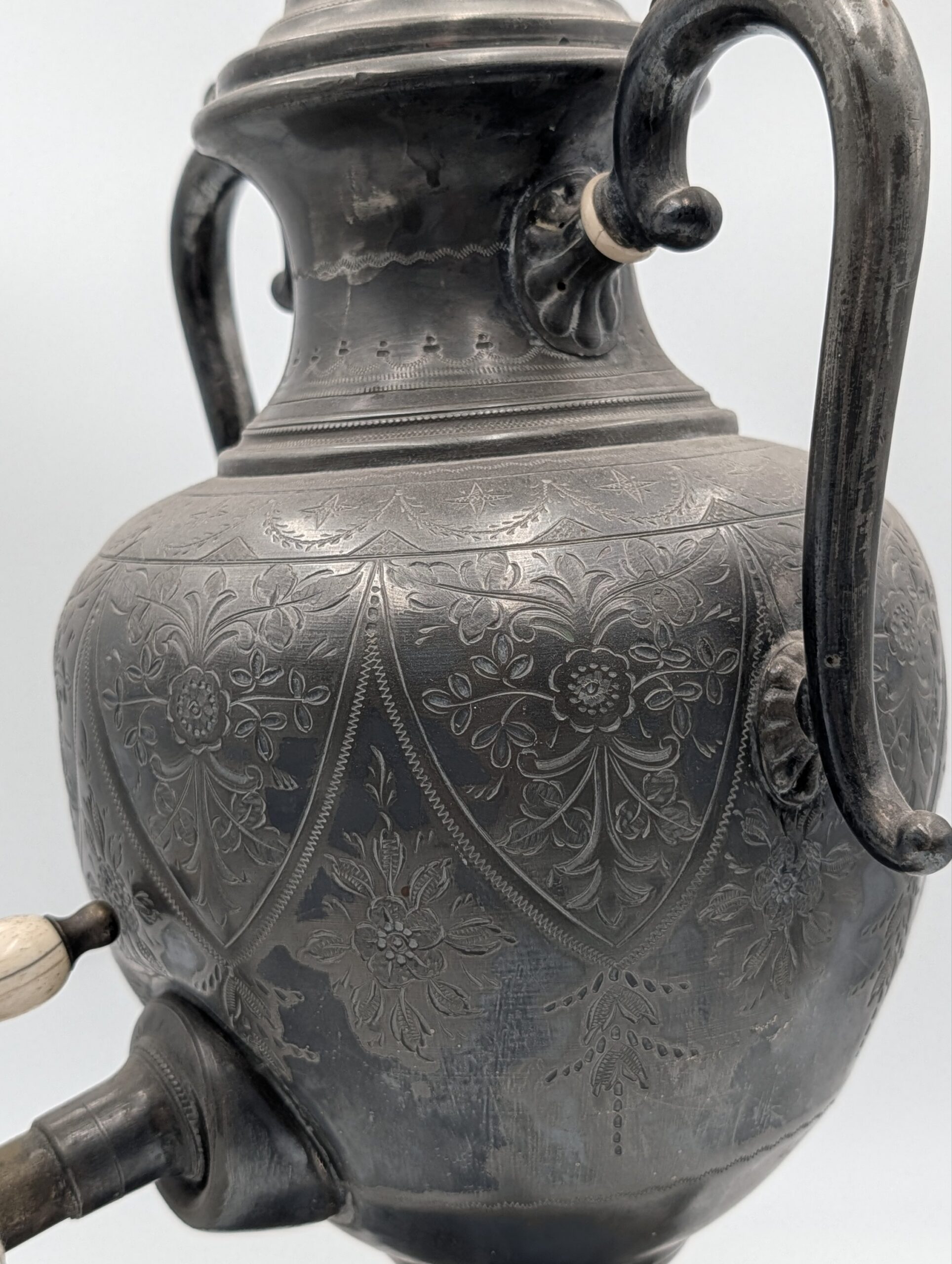 19th Century Engraved Pewter Samovar with Dog Finial & Bone Handle Tap - Image 9