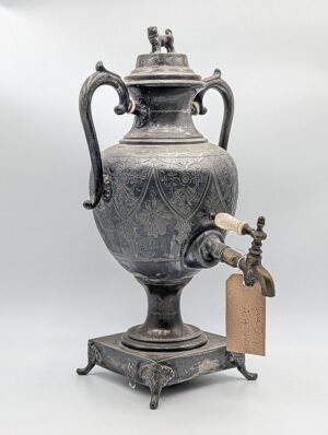19th Century Engraved Pewter Samovar with Dog Finial & Bone Handle Tap