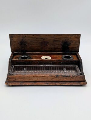 Antique Oak Desk Tidy & Writing Stand with Inkwells and Pen Tray