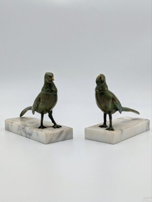 Pair of 1930s French Art Deco Spelter Pheasant Bookends on Marble Bases
