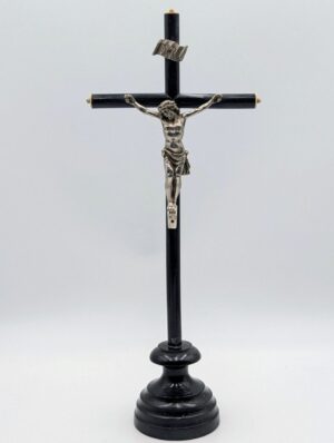 Large 19th Century Ebonised Wooden Crucifix with Silver-Tone Corpus Christi