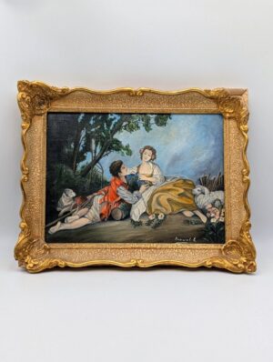 Vintage Framed Pastoral Courtship Painting After François Boucher – Signed Browet E