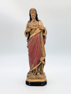 Vintage Painted Plaster Sacred Heart of Jesus Religious Statue