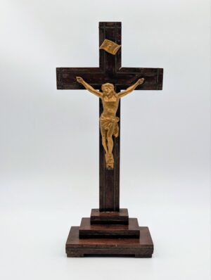 Large Antique Wooden Standing Crucifix with Gilt Corpus Christi & Metal Inlay