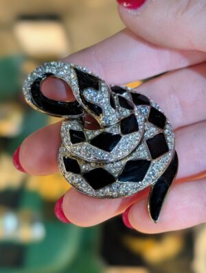 Vintage 1980s Attwood & Sawyer Coiled Snake Brooch – Black Enamel Swarovski Crystal Serpent